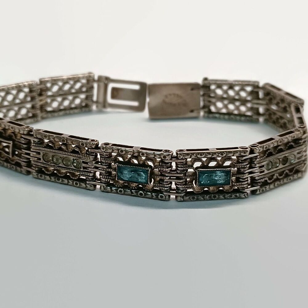 Wells Art Deco Blue-Green Colored Paste Stone Filigree Stering Silver Bracelet
